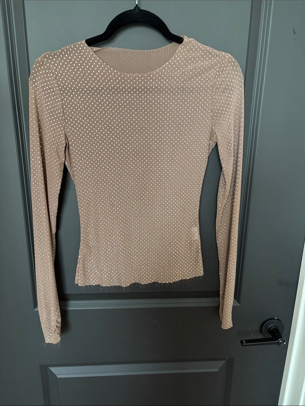 Beige Long-Sleeve Mesh Top with Subtle Stud Detail